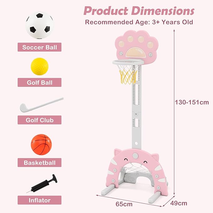 OLAKIDS Toddler Basketball Hoop, 3 in 1 Height Adjustable Kids Sports Activity Center Indoor Outdoor with Soccer Goal Golf Ball and Club, Baby Toy Game Play Set Gifts for Boys Girls
