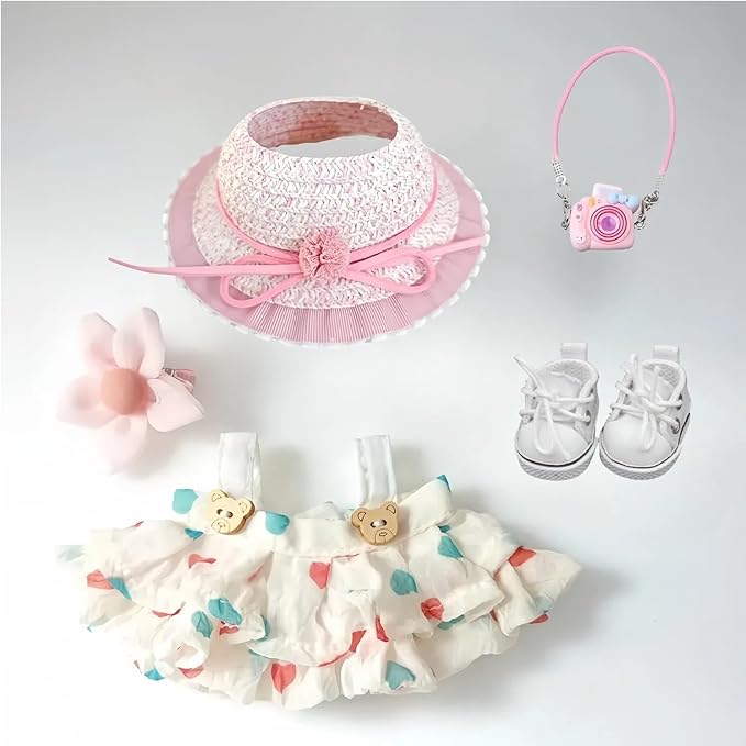 5 Set 17cm Doll Clothes, Clothes for Dolls Outfit, Accessories for 17cm Dolls Clothes Dress + Straw hat + Hairpin + Small Camera + Shoes, No Doll（Spring Pink Set）