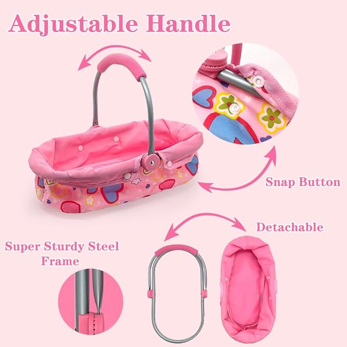 Baby Doll Accessories Bassinet Portable Carrier with Milk Bottle for 8-12 Inch Baby Doll Crib Set Cradle Sleeping Basket Bed Toys