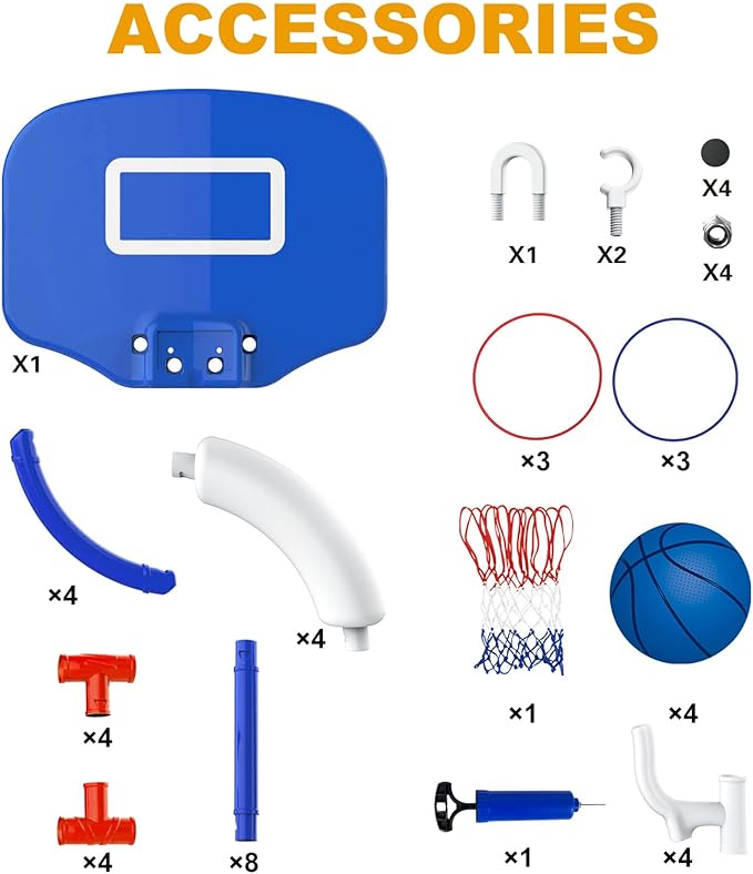 Taotuo Blue Floating Pool Basketball Hoop with Backboard, 2-in-1 Basketball & Ring Toss Game with 4 Balls, 6 Rings&Pump, Summer Pool Toys Outdoor Water Fun Family Party for Age 3-12