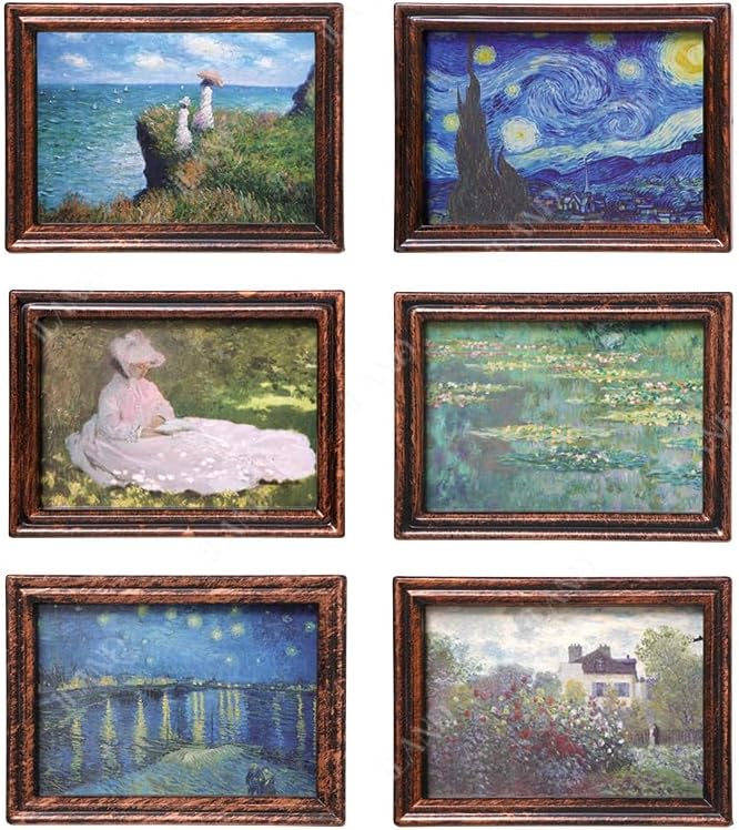 iland Miniature Dollhouse Accessories for Dollhouse Furniture on 1:12 Scale, Frames w/Printed Classic Impressionist Paintings Set (4 Frames & Impressionist Paintings)