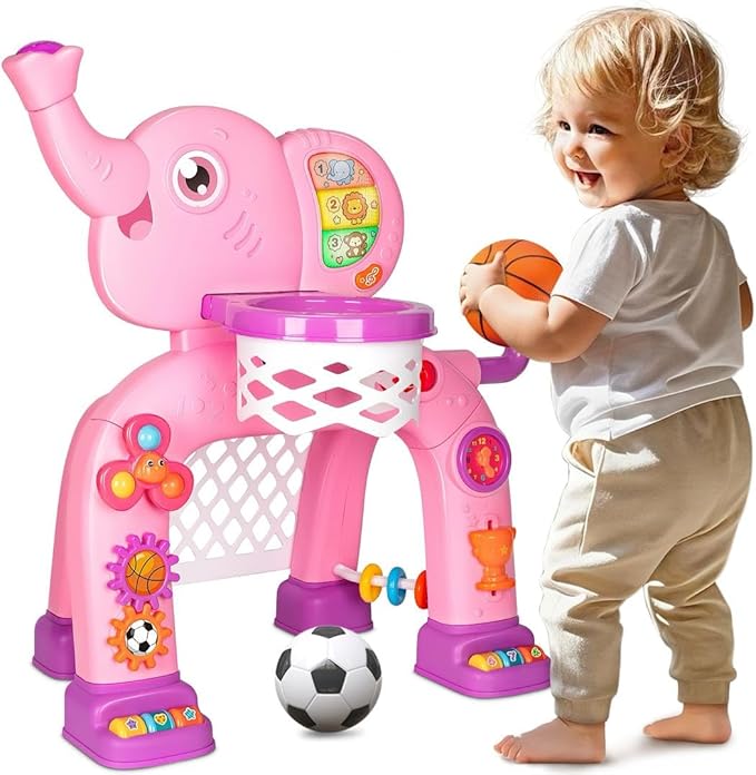 Toddler Basketball Hoop & Soccer Goal, Toys for 1 2 3 Year Old Boys Girls, Kids Sports Toy with Light Sound Music, Montessori Toys for Baby 12-18 Months, Christmas Birthday Gifts for Ages 1-3(Pink）