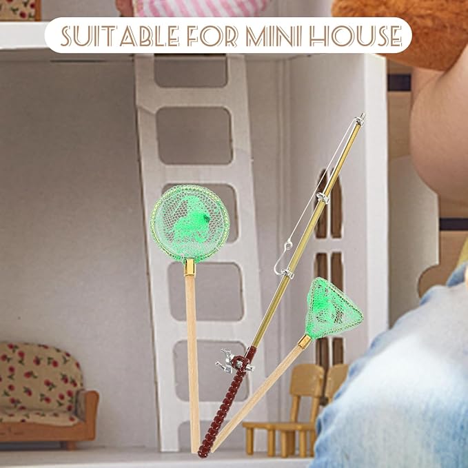Toddmomy Miniature Fishing Rod and Net Small Decorative Dollhouse Fishing Pole Models for Fairy Garden Living and Bedroom Scene Accessories