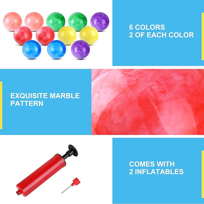 12 Pcs Playground Balls with 2Pump, 9 Inches Marbleized Bouncy Balls for Kids, School, Beach, Indoor/Outdoor Play Balls