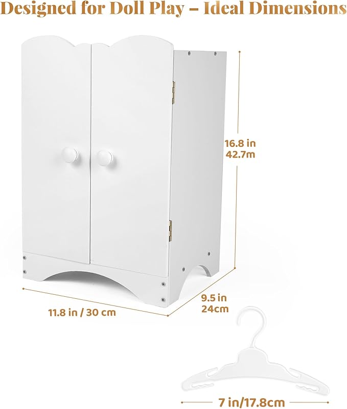 Wooden Baby Dolls Closet with 10 Hangers & Shelf, 12-16 Inch Doll Wardrobe for Baby Doll Clothes Storage, Magnetic Closure & Easy Assembly, Baby Doll Accessories Furniture