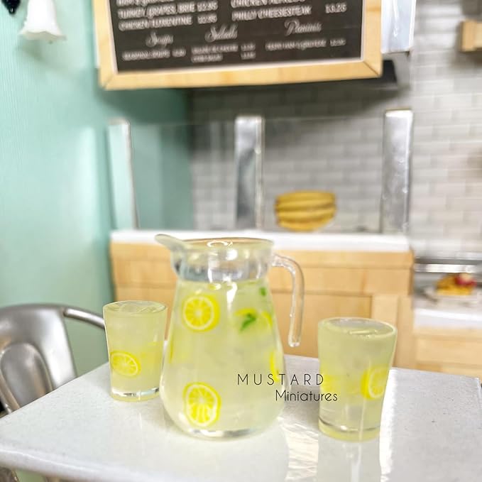 3pcs Miniature Lemonade Pitcher Set, Dollhouse Glasses Bottle Lemonade, Mini Lemon Fruit Ice Tea, for Dollhouse Miniature Kitchen, Fairy Garden, Diorama
