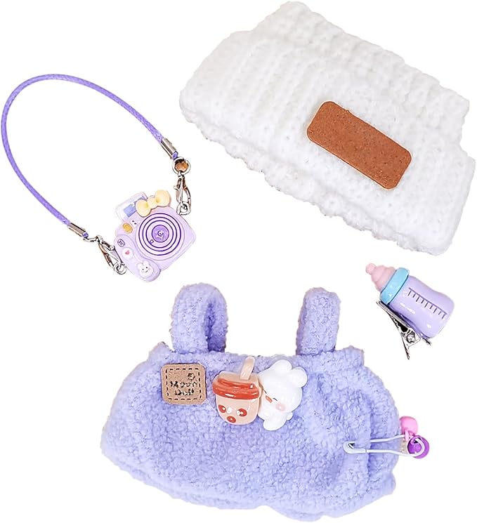 Doll Clothes for 17cm Dolls, Soft Knit Hat, Cozy Overalls, Camera, Bottle & Cute Accessories (No Doll) (Purple)