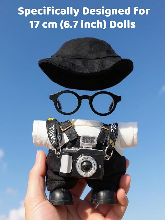 Clothes for LABUBU 17cm Doll (NO Doll) – 6-Piece Set, Hat + Overalls + Shirt + Camera + Glasses + Shoes, Outfit for LABUBU, Premium Dolls Accessories for LABUBU (Black)