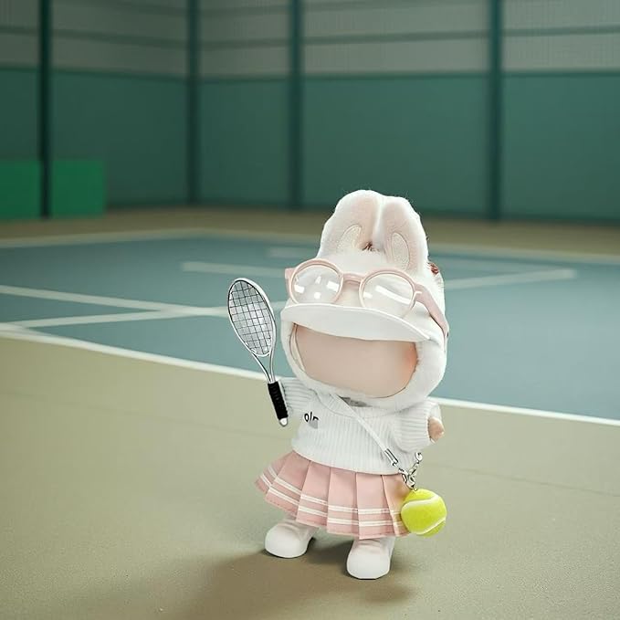 17cm Doll Clothes for Lububu Dolls, 7-Piece Sports Outfits - Top, Pants, Skirt Dress, Golf Hat, Sunglasses, Shoes, Tennis Racket, Ball Charm | Luxury Stylish Gym/Tennis Doll Accessories(White+Pink)