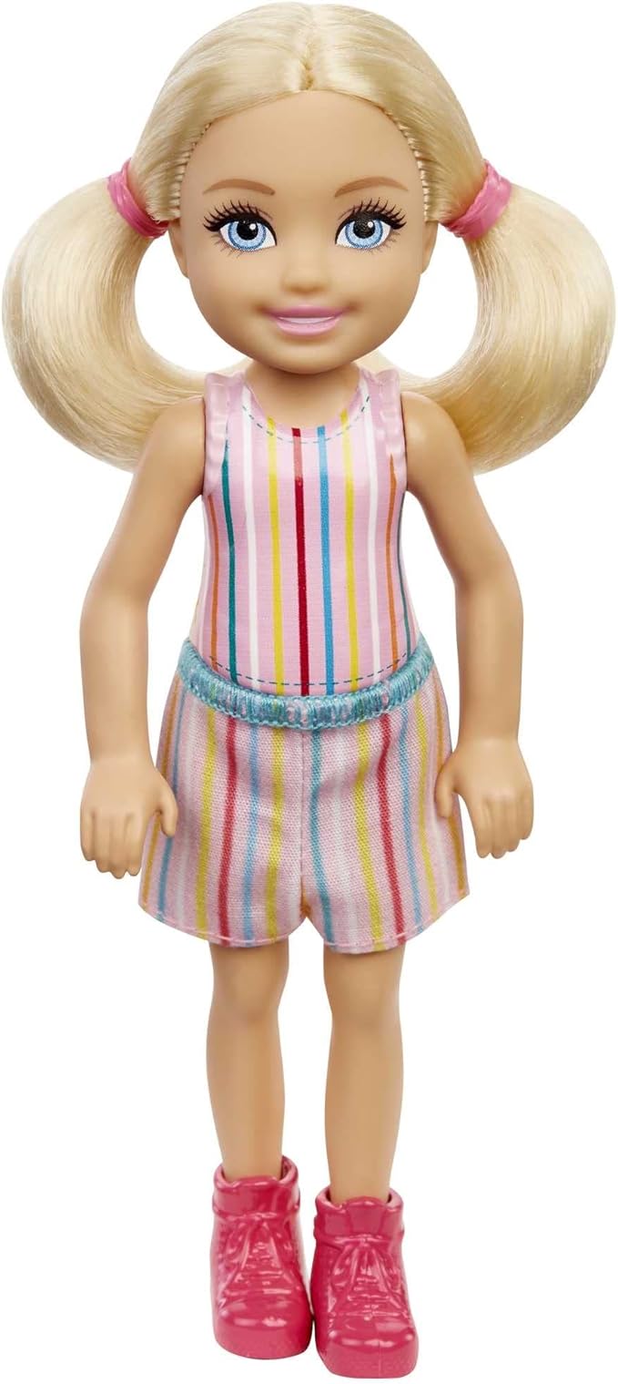 Barbie Chelsea Doll, Small Doll with Blonde Pigtails & Blue Eyes in Removable Striped Dress & Pink Boots