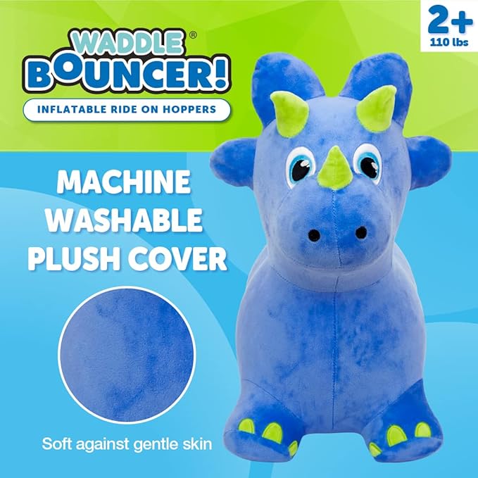 WADDLE Bouncy Hopper Inflatable Animal Hopping Plush, Indoor and Outdoor Toy for Toddlers and Kids, Pump Included, Boys and Girls Ages 2 Years and Up (Triceratops)