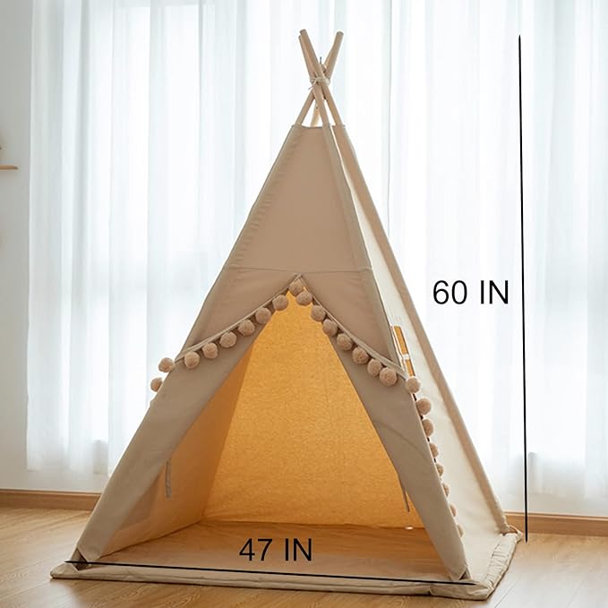 Teepee for Kids Tent Indoor with Floor Mat,Carry Bag,Banner,Play Cottage with Star Light, Cotton Canvas Kids Teepee Tent for Girls & Boys, Pompom Ball Design, Foldable Teepee Tent