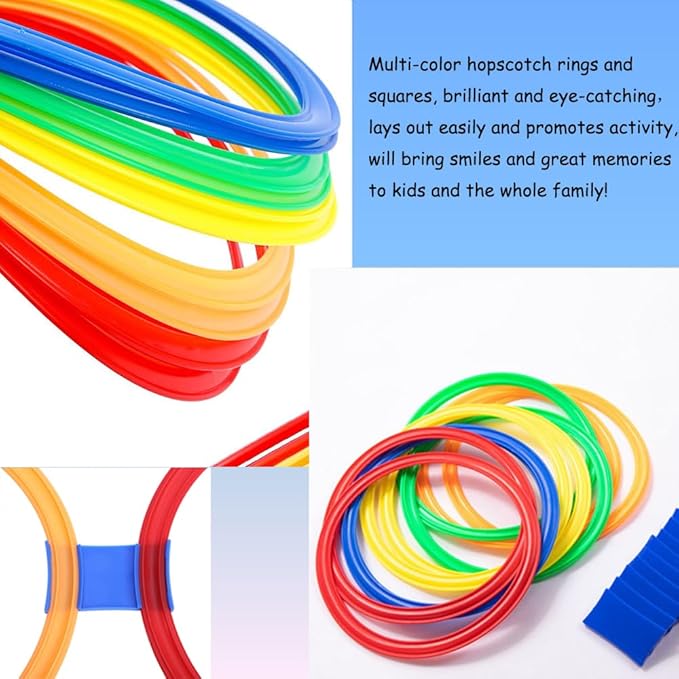 Hopscotch Rings- 11in Hopscotch Game Hoops Circles with 15 Connectors for Kids Balance Agility Training Obstacle Course, Children Birthday Fun Play Indoor Outdoor Backyard Playground Activity