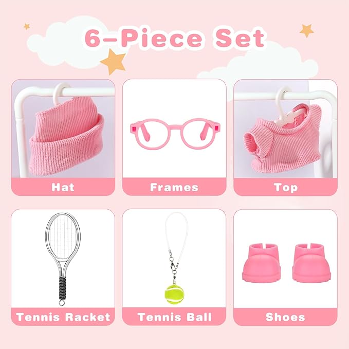 Doll Clothes for Labubu 17cm 6-Piece Tennis Sports Set for Big into Energy & Have a Seat & Exciting Macaron Series Dolls, for 17cm Dolls Accessories (Pink)