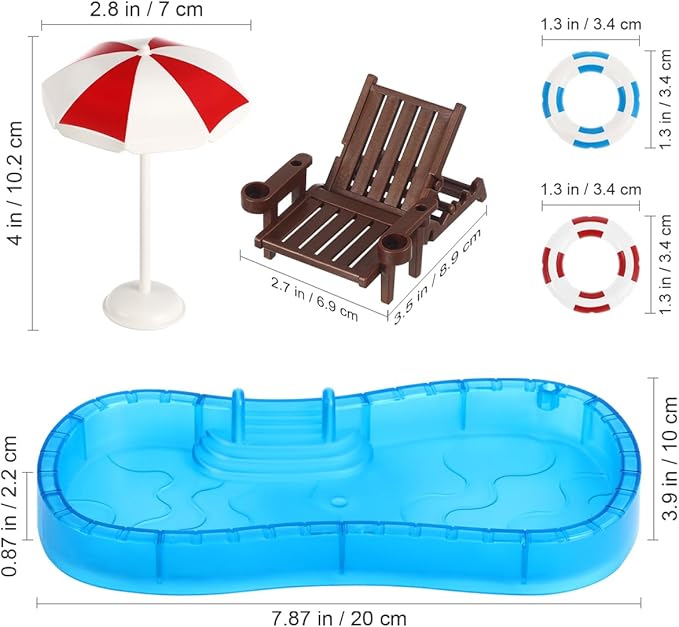 Abaodam Beach Mini House Decoration, Mini Swim Pool with Ring Chair Umbrella, Summer Seaside Miniatures Beach Swimming Pool Set for Crafts Dollhouse Scene Decor