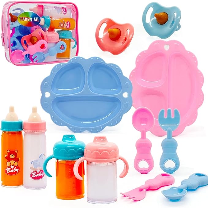 Baby Doll Accessories Magic Bottle set Magic Disappearing Milk Juice Bottles Sippy Cups with Pacifiers Bowl Spoons, Doll Bottle Toys Feeding Pretend Playset for Kids Girls Ages 3+ (Small set(10pcs))