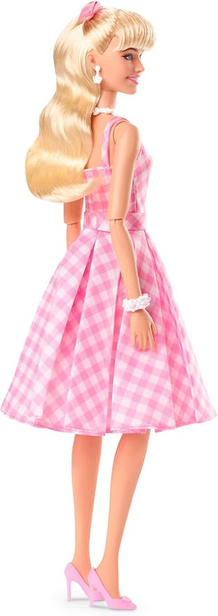 Barbie the Movie Doll, Margot Robbie as, Collectible Doll Wearing Pink and White Gingham Dress with Daisy Chain Necklace