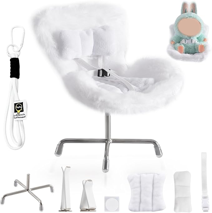 Doll Car Seat Compatible with Bubudoll, Small Seat for 10-17cm Blind Box Toys, Including Air Vent Clip, Desktop Stand, Adjustable Safety Strap, Airflow-Friendly Design, Ideal Car Decor Gifts(White)