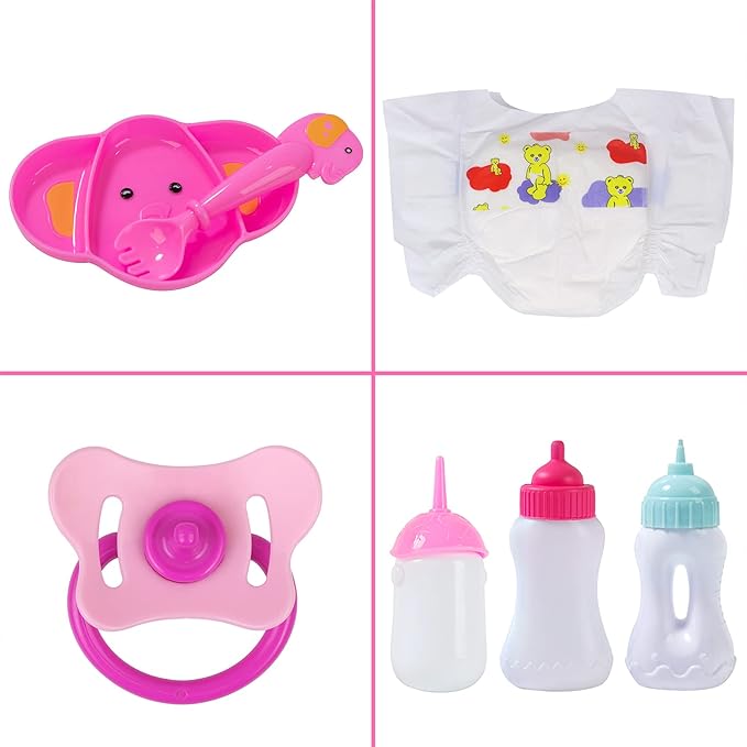 Ecore Fun 13 Piece Baby Doll Accessories Feeding and Caring Set Includes Diaper Bag Clothes Diapers Baby Bottles Dinner Plate Pacifier Comb Babies Pretend Play Set for Toddlers Kids