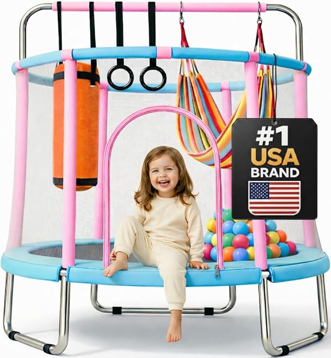 Happin® 55’’ Trampoline for Kids with Safety Enclosure, Indoor & Outdoor Toddler Trampoline, Ultra Safe Design with Multi Activity Accessories, Perfect Toddler Gift for Boys & Girls Ages 1–8