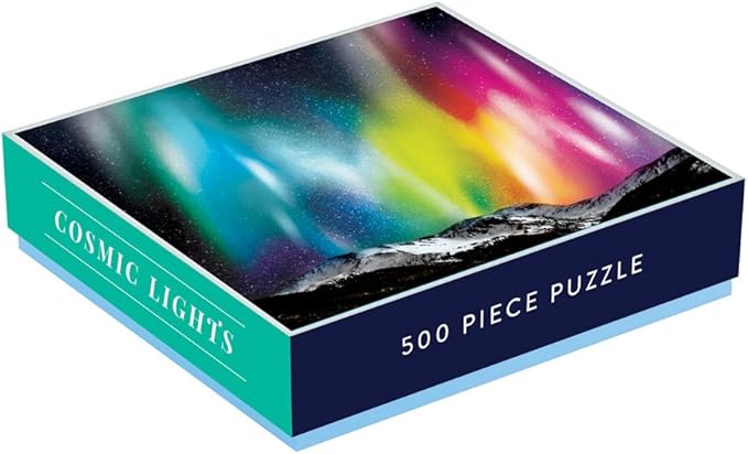 Galison Cosmic Lights 500 Piece Jigsaw Puzzle for Families and Adults, Outer Space Family Puzzle with Rainbow Aurora and Mountain Backdrop, White
