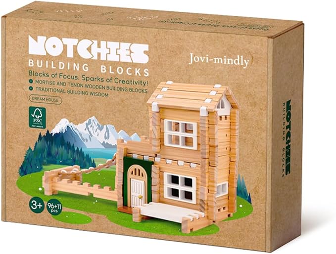Jovi-mindly＆Notchies 107 Pcs Wooden Blocks Toys with Door and Windows,Classic Old Fashioned Toys,Wooden Building Blocks for Kids Ages 4-8 Boys and Girls,Easter Toys Gifts(No Printed Manual)
