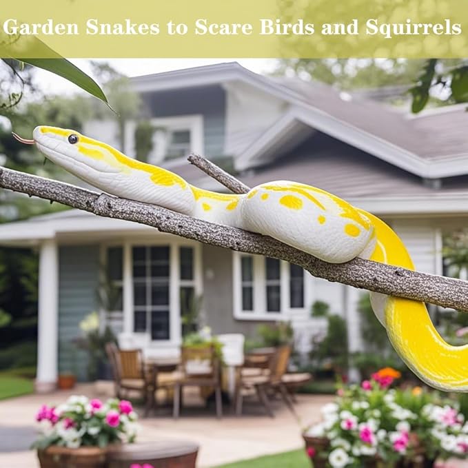Ultra-Realistic Snake Toy - Scare Birds & Squirrels - 15-Inch Coiled/26-Inch Stretchy Garden Decor, Halloween Prank Gifts for Adults & Safe STEM Toy for Kids (Yellow Python)