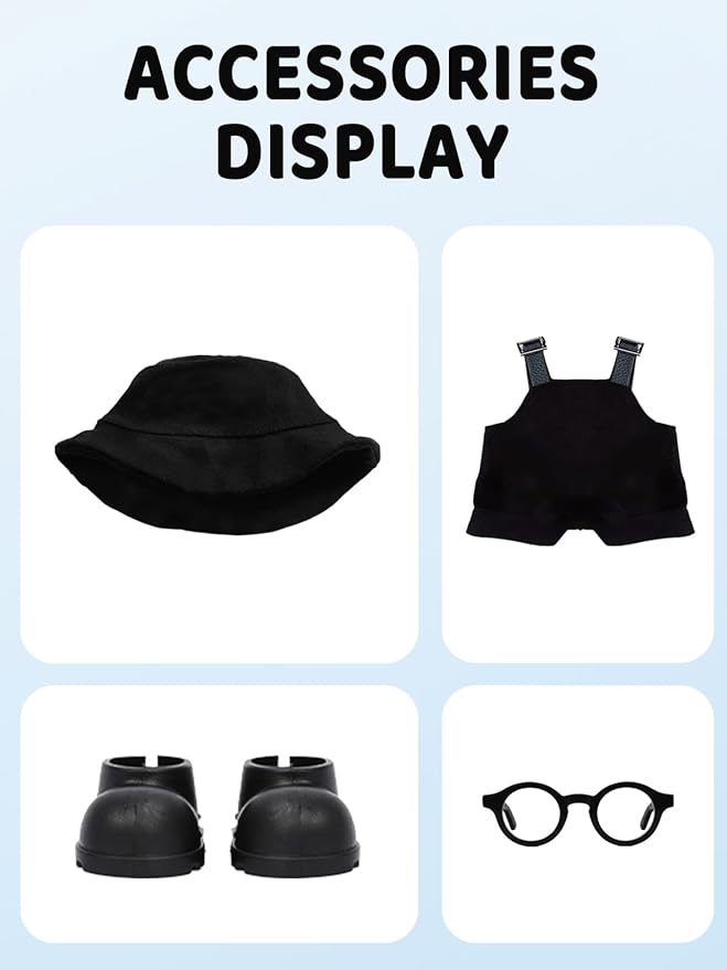 2PCS Doll Clothes Set for LABUBU 17cm Doll – Stylish Outfit with 2 Hat, 2 Overalls, 2 Shoes & 2 Glasses of Clothes Designer, Cute Clothes for Dress up Unique Style (Black+White) (Doll Not Included)