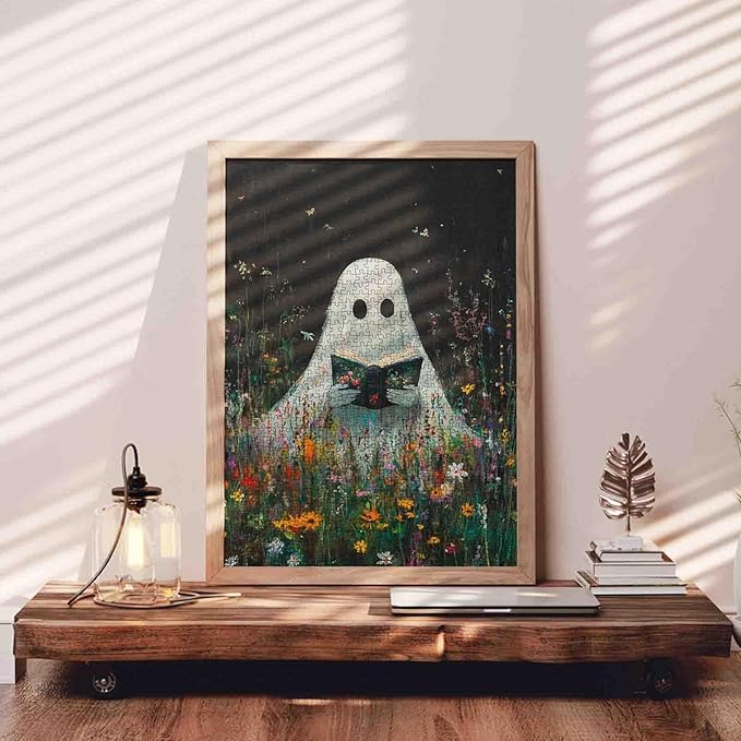 1000 Pieces Graffiti Halloween Jigsaw Puzzles for Adults,The Little Devil Reading a Book with Blooming Flowers Puzzles Best for Family Game Play Collection,Wall Decor 19.7 x 27.6 Inch