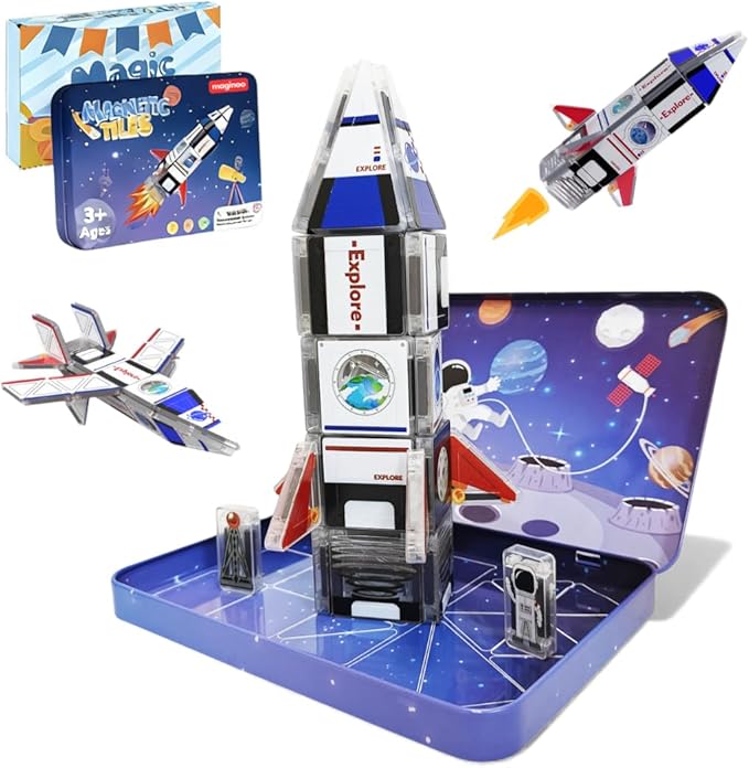 42PCS Mini Magnetic Tiles Space Rocket Travel Set with Iron Box STEM Educational Building Blocks Magnetic Construction Toy for Kids Ages 3 to 8 Creative Gift for Boys and Girls