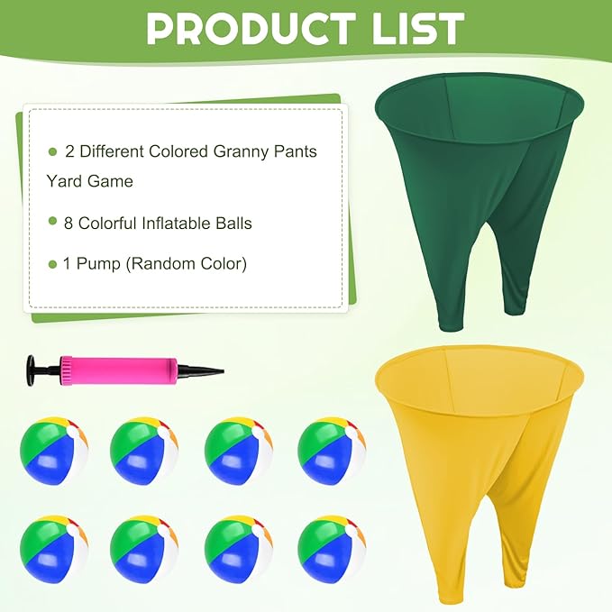 Granny Pants Outdoor Game Green Granny Pant Yard Game with 8 Bouncy Balls and 1 Air Pump (Random Colors) 2 Pack Grandma Pant Games Gold Adult Granny Pants Games for Backyard Party