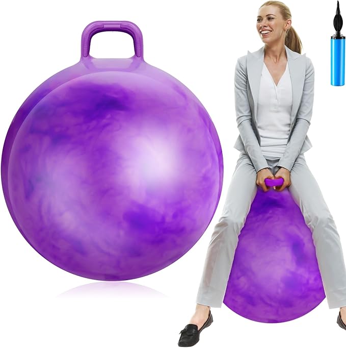 Lewtemi Hopper Ball for Adults, 29 Inch Bouncing Ball Hippity with Handle Rubber Hop, Jumping Hopping Exercise with Air Pump for Outdoors Sports Games Exercise (Gradient Purple)