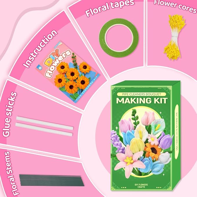 Praisebank Blue Pipe Cleaners for Crafts (400pcs with Instruction), Flower Making Kit, Chenille Stems for DIY Projecets, Arts & Crafts Supplies for Festival Party Decorations