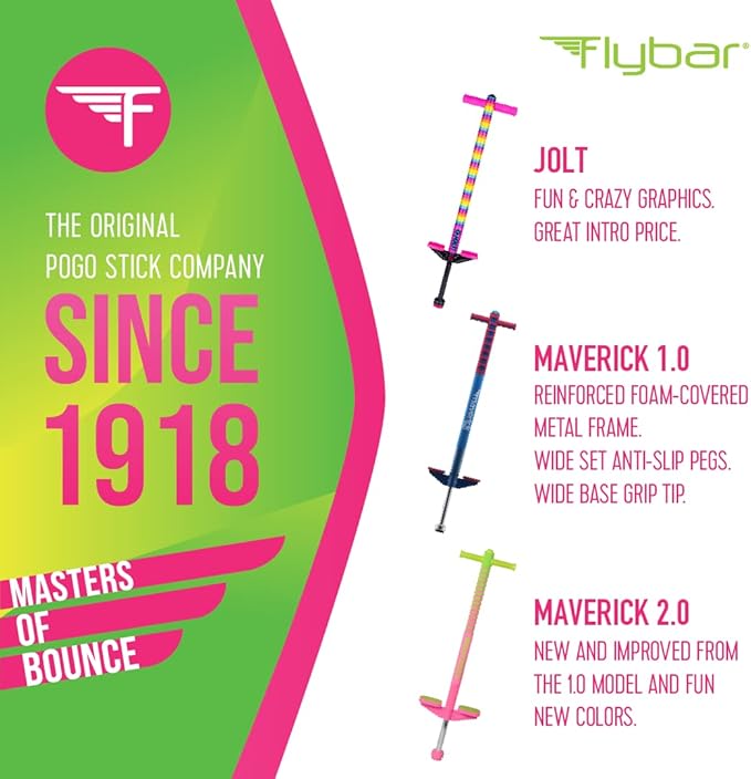 Flybar Limited Edition Foam Maverick Pogo Stick for Kids - Two New Rubber Hand Grips (Lime/Purple)