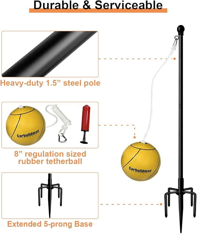 Garbuildman Tetherball Set with Ball & Rope for Outdoor Backyard, Adjustable Tether Ball Pole with Reinforced 5-Prong Base for Playground, Outside Ball Games Sports for Kids & Adults, Black