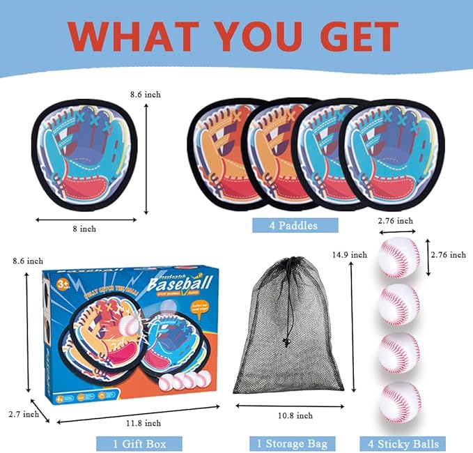 Toss and Catch Ball Game, Kids Toddler Baseball Catch Toy, Outdoor Game for Beach Pool Yard, Birthday Easter Basket Suffer Gifts for Boys Girls Age 3-12, 4 Paddles Velcro Ball and Catch Game