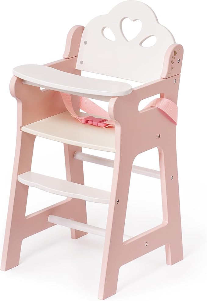 ROBUD Baby Doll High Chair, Pretend Play High Chair with Seat Belt, Pink Wooden Baby Doll Accessories with Movable Tabletop, Fits 18-20 Inch Dolls