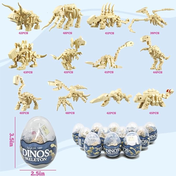 UMEELR 12Pcs Pre Filled Easter Eggs Dinosaur Skeleton Building Blocks, 12 in 1 Easter Eggs for Kids Easter Egg Hunt, Easter Basket Stuffers Filler, Easter Party Favor Supplies