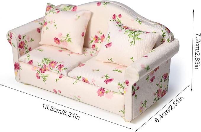 Dollhouse Couch Miniature Sofa with Pillows Dollhouse Living Room Funiture 1:12 Scale Model 3 Pcs High Simulation Upholstered Wooden Fabric Armchair Mini Room Artificial House Scene Decoration (Pink)