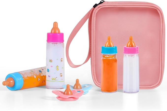 SCOM Baby Doll Bottle Accessories - 6 Pcs Feeding Bottle Toys, Magic Disappearing Milk & Juice, Pretend Play Set with Pacifiers Kids Gift Light Pink