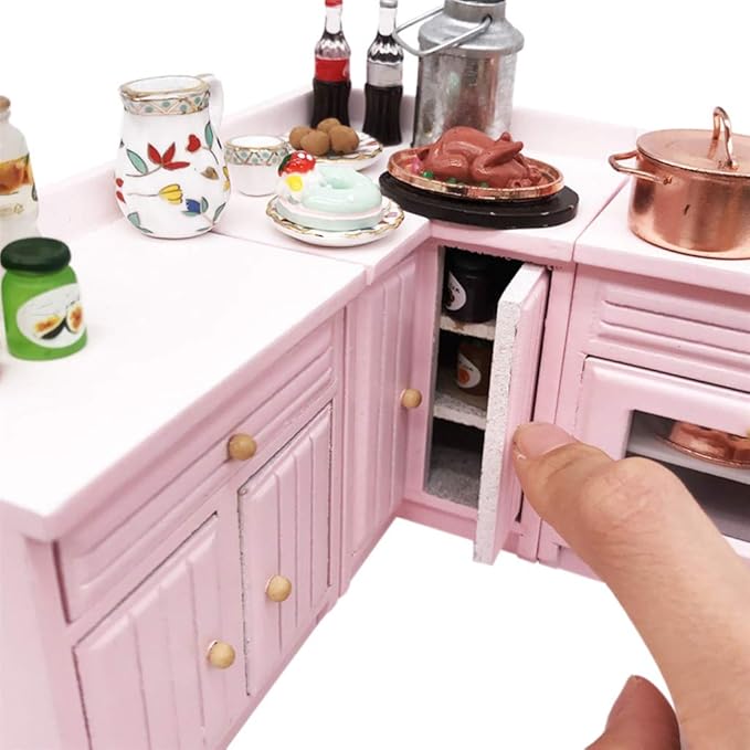 Dollhouse Decoration Accessories,1:12 Dollhouse Miniature Furniture Wooden Kitchen Cabinet Set Freely Combined (Pink)