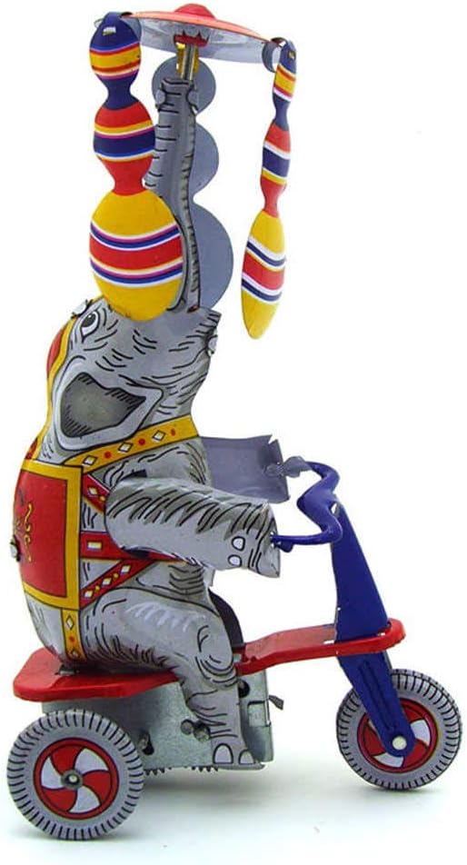 Charmgle Spring Wind-up Toy Elephant Playing Fans on Bike Home Decoration Retro Tin Toys Adult Collection Party Favor Xmas Gift