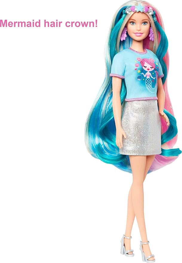 Barbie Fantasy Hair Doll, Blonde, with 2 Decorated Crowns, 2 Tops & Accessories for Mermaid and Unicorn Looks, Plus Hairstyling Pieces, for Kids 3 to 7 Years Old (Amazon Exclusive)