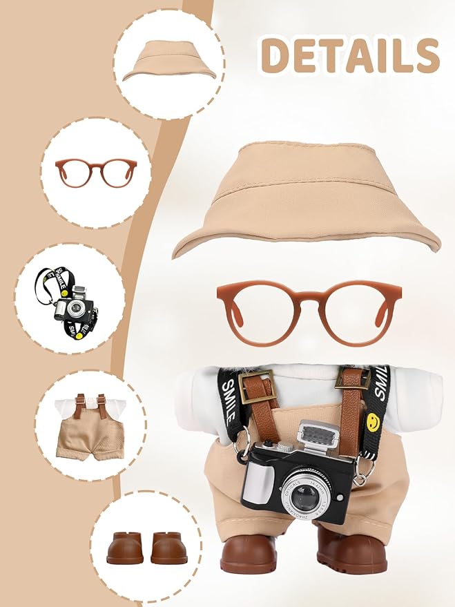 Clothes for LABUBU 17cm Doll (NO Doll), Hat & Overalls & Shirt & Shoes & Glasses & Camera Set for 17cm Accessories Suit, Cute Clothes for Dress up Unique Style (Brown)