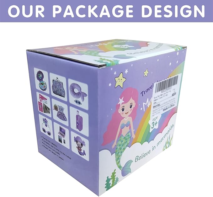 Srua Don 18 Inch Doll Suitcase Travel Luggage Play Set, Mermaid Theme Travel Carrier Storage Accessories for 18inch Doll, Include Case, Clothes, Hat, Sunglasses, Camera, Pillow, Toy Pet