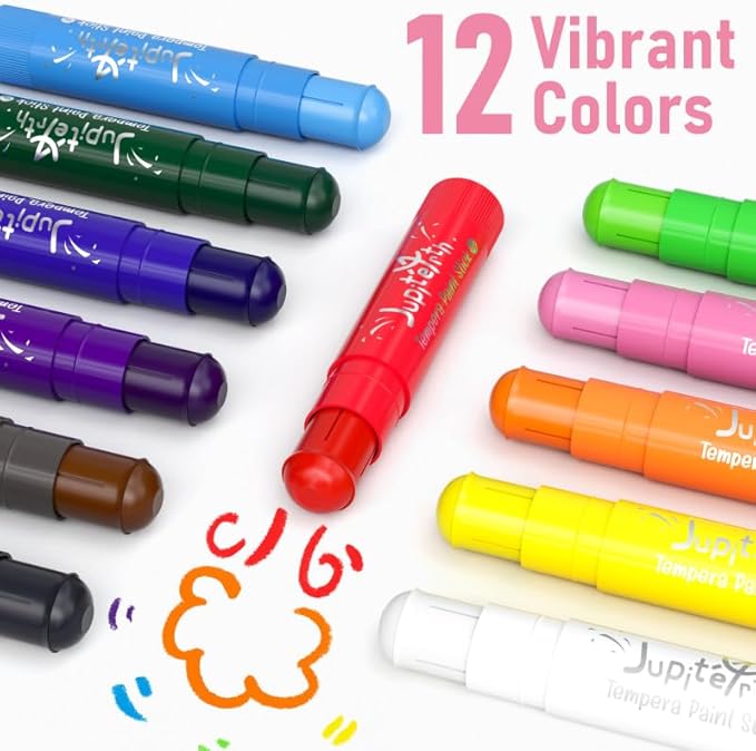 JUPITEARTH 12 Colors Tempera Paint Sticks with 120 PDF Coloring Pages and 30 Stickers, Quick Drying, Smooth, Non-Toxic and Washable Paint Sticks for Kids Drawing on Pumpkin, Wood, Rock, Glass