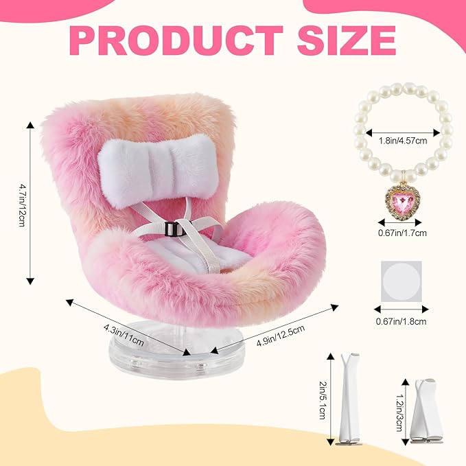 Cute Doll Car Seat for Labubu, Premium Car Seat Accessories for 4-7in Dolls, 360° Rotation, Including Air Vent Clip, Desktop Stand, Adjustable Strap, Airflow-Friendly Design(Colorful Pink)