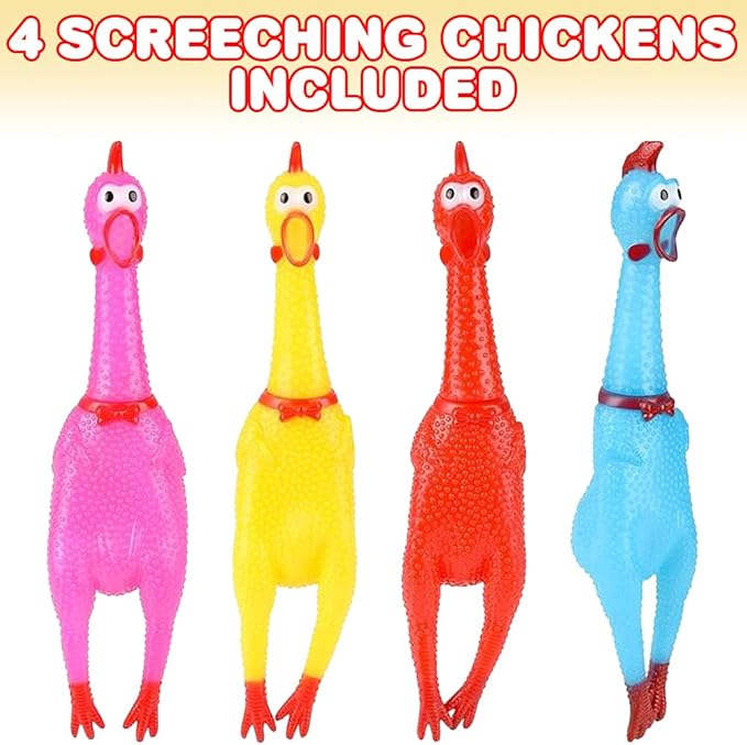 ArtCreativity Screaming Chicken Toys, Set of 4, Easter Party Favors, Hilarious Squeeze Toys in Assorted Colors, April Fools Pranks, Classic Gag Gifts for Kids and Adults, Noisemakers for Parties