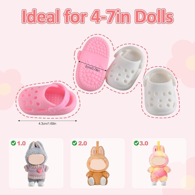 Cute Doll Shoes for Labubu, Premium Doll Shoes for 4-7in Dolls, Compatible with Labubu Doll Clothing & Outfits, 2 Pair of Clog Shoes(Pink and White)