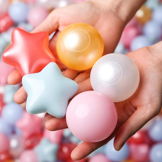 TRENDPLAY Star Ball Pit Balls for Toddlers -50 100 200 Count Star Balls Different Shapes, Non-Toxic Plastic Balls for Safe Play, Boys Girls Festival Party Decoration
